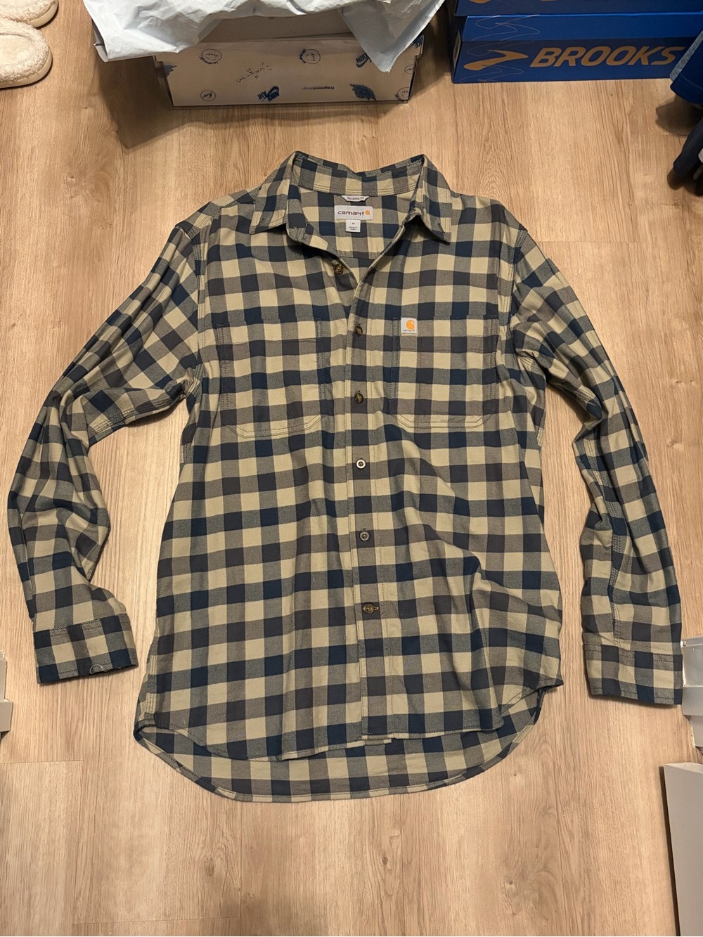 Carhartt Men’s Button-Down Plaid Shirt — Navy and Tan
